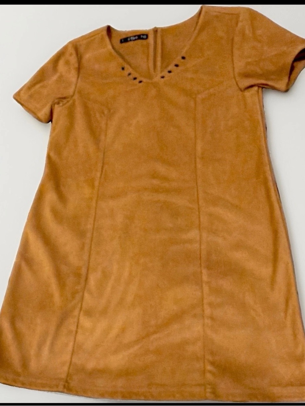 Suede-Effect Mini Dress with V-Neck Stud Detail - Tan